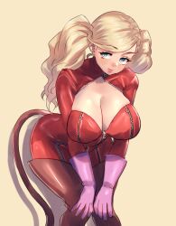 Rule 34 | 1girl, blue eyes, bodysuit, breasts, cat tail, cleavage, gloves, hands on own knees, highres, large breasts, lips, long hair, parted lips, persona, persona 5, pink gloves, quanero, red bodysuit, simple background, solo, tail, takamaki anne, twintails, yellow background, zipper