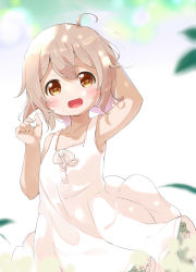 Rule 34 | 1girl, :d, ahoge, arm behind head, arm up, bare arms, bare shoulders, blurry, blurry background, bow, brown eyes, brown hair, collarbone, commentary request, depth of field, dress, hair between eyes, highres, konomori kanon, makuran, open mouth, sleeveless, sleeveless dress, smile, solo, watashi ni tenshi ga maiorita!, white bow, white dress