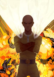 Rule 34 | 1boy, backlighting, bald, belt, cape, club3, cowboy shot, crossed arms, explosion, gloves, male focus, one-punch man, pants, red gloves, saitama (one-punch man), serious, shirt, solo, superhero costume, yellow pants, yellow shirt