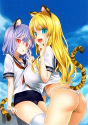 Rule 34 | 2girls, :3, :d, absurdres, animal ears, arm support, asanagi, ass, bikini, bikini under clothes, blonde hair, blue eyes, blue sky, breasts, cat ears, chestnut mouth, cloud, colored eyelashes, day, fang, fingernails, flat chest, highres, huge breasts, leaning back, long fingernails, long hair, looking at viewer, multiple girls, one-piece swimsuit, open mouth, original, purple hair, red eyes, scan, school swimsuit, school uniform, serafuku, sky, slit pupils, smile, swimsuit, swimsuit under clothes, tail, thighhighs, thong, thong bikini, tiger ears, tiger tail, v, white bikini, white legwear, white one-piece swimsuit