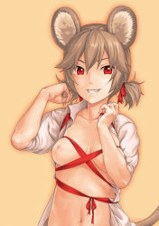Rule 34 | 1girl, alternate hairstyle, animal ears, breasts, brown hair, dress shirt, female focus, fingernails, grey hair, grin, hair ribbon, honoru, looking at viewer, mouse ears, mouse tail, navel, nazrin, nipples, no bra, open clothes, open shirt, red eyes, ribbon, shirt, short hair, short twintails, simple background, skindentation, small breasts, smile, solo, tail, touhou, twintails, upper body