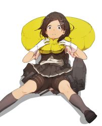 Rule 34 | 1girl, bike shorts, black hair, brown footwear, commentary request, full body, gloves, grey socks, hair ornament, hairclip, kantai collection, kneehighs, kuroshio (kancolle), life vest, loafers, looking at viewer, pleated skirt, school uniform, shirt, shoes, short hair, short sleeves, shorts, shorts under skirt, simple background, sitting, skirt, socks, solo, white background, white gloves, white shirt, wokyu (houkago no megane)