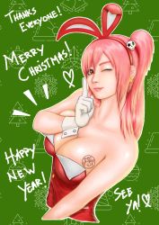 Rule 34 | 1girl, animal ears, breasts, christmas, cleavage, dead or alive, eyelashes, fake animal ears, female focus, honoka (doa), large breasts, leotard, lips, looking at viewer, ohmyseki, one eye closed, pink hair, playboy bunny, rabbit ears, red eyes, strapless, strapless leotard, upper body, wink