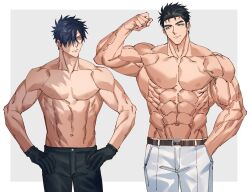 Rule 34 | 2boys, abs, bara, belt, black hair, blue eyes, burn scar, domo (domo kizusuki), feet out of frame, gloves, grey background, kokado shido (domo), kokuryu kai (domo), large pectorals, looking at another, male focus, manly, mature male, multiple boys, muscular, muscular male, nipples, one eye covered, original, pants, pectorals, scar, simple background, spiked hair, thick arms, thick eyebrows, topless male, veins, yellow eyes