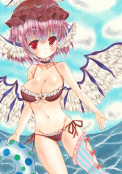 Rule 34 | 1girl, animal ears, asa1014, bad id, bad pixiv id, beach, bikini, bird ears, bird wings, blush, body blush, bow, breasts, cleavage, cloud, day, gluteal fold, groin, hat feather, innertube, large breasts, marker (medium), mystia lorelei, navel, outdoors, pink eyes, pink hair, red bow, red eyes, sash, single thighhigh, sky, smile, solo, swim ring, swimsuit, thighhighs, touhou, traditional media, water, wings