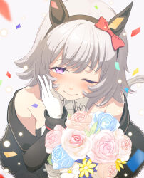 Rule 34 | 1girl, animal ears, black dress, black hairband, blue flower, blue rose, blush, bouquet, bow, closed mouth, commentary request, confetti, curren chan (umamusume), dress, ear covers, flower, gloves, grey background, grey hair, hairband, highres, holding, holding bouquet, horse ears, horse girl, looking at viewer, masaki shino, medium bangs, off-shoulder dress, off shoulder, one eye closed, pink flower, pink rose, purple eyes, red bow, rose, short hair, smile, solo, umamusume, upper body, white flower, white gloves, yellow flower
