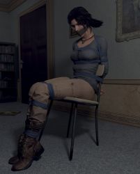 Rule 34 | 1girl, 3d, absurdres, arms behind back, bdsm, bondage, bound, bound ankles, bound legs, breast bondage, breasts, brown eyes, brown hair, chair, cloth gag, gag, gagged, highres, improvised gag, jewelry, lara croft, necklace, over the mouth gag, rope, sitting, skvrwiel, tied to chair, tomb raider, tomb raider (reboot)