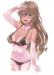 Rule 34 | 1girl, alpha (katz332), argyle, bad id, bad pixiv id, bikini, black bikini, blonde hair, blue eyes, blush, breasts, character request, commentary request, cowboy shot, hand up, large breasts, looking at viewer, navel, open mouth, oshiro project:re, oshiro project:re, simple background, solo, standing, sweat, swimsuit, tan, tanline, white background