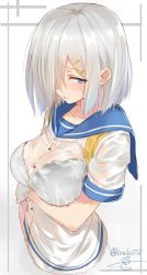 Rule 34 | 10s, 1girl, arm at side, artist name, black bra, blue eyes, blush, bra, breast hold, breasts, buttons, cleavage, gloves, hair over one eye, half-closed eyes, hamakaze (kancolle), isshiki (ffmania7), kantai collection, large breasts, school uniform, see-through, serafuku, shirt, short hair, short sleeves, silver hair, sketch, sleeve cuffs, solo, underwear, wet, wet clothes, wet shirt, white gloves, white shirt