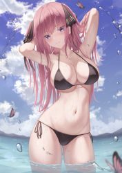 Rule 34 | 1girl, armpits, arms behind head, arms up, bare arms, bare shoulders, bikini, black bikini, breasts, bug, butterfly, cleavage, cloud, collarbone, cowboy shot, day, gluteal fold, go-toubun no hanayome, hair ribbon, halterneck, halterneck, highres, bug, large breasts, linea alba, long hair, looking at viewer, marinesnow, nakano nino, navel, outdoors, parted lips, pink hair, purple eyes, ribbon, side-tie bikini bottom, smile, solo, standing, stomach, string bikini, sunlight, swimsuit, two side up, wading, water, wet