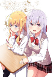 Rule 34 | 2girls, :d, ahoge, blonde hair, blue eyes, blush, bow, breasts, cross hair ornament, desk, floral background, gabriel dropout, gabriel tenma white, hair ornament, light purple hair, long hair, long sleeves, looking at phone, looking at viewer, medium breasts, miniskirt, multiple girls, o3o, official art, open mouth, phone, plaid, plaid skirt, pleated skirt, raphiel shiraha ainsworth, red bow, school desk, school uniform, shirt, simple background, sitting, skirt, smile, sweater, sweater vest, ukami, very long hair, white shirt, yellow eyes