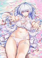 Rule 34 | 1girl, absurdres, ahoge, bikini, breasts, camenavel, carry me, cleavage, commentary request, fate/grand order, fate (series), frilled bikini, frilled swimsuit, frills, heart, heart-shaped pupils, highres, hinasaki you, lady avalon (second ascension) (fate), long hair, looking at viewer, lying, merlin (fate/prototype), lady avalon (fate), on back, outstretched arms, petals, purple eyes, red eyes, see-through, shore, smile, solo, swimsuit, symbol-shaped pupils, wet, wet clothes, wet swimsuit, white bikini, white hair