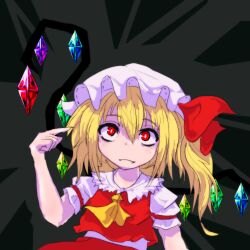 Rule 34 | 1girl, ascot, blonde hair, clip studio paint (medium), closed mouth, cowboy shot, crystal, flandre scarlet, grey background, hair between eyes, hat, looking at viewer, lowres, mob cap, multicolored wings, one side up, pointing, pointing at self, puffy short sleeves, puffy sleeves, red eyes, red ribbon, red skirt, red vest, ribbon, samezuma jouji, shirt, short sleeves, simple background, skirt, sleeve ribbon, solo, touhou, vest, white hat, white shirt, wings, yellow ascot