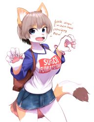 Rule 34 | 1girl, :d, animal ears, backpack, bag, blue eyes, breasts, brown fur, cat ears, cat tail, claw pose, claws, clothes writing, colored skin, commentary, contrapposto, cowboy shot, denim, denim skirt, english commentary, english text, fangs, furrification, furry, furry female, grey hair, hands up, highres, large breasts, looking at viewer, miniskirt, open mouth, raglan sleeves, shirt, short hair, simple background, skirt, smile, solo, striped tail, sugoi dekai, tail, uzaki-chan wa asobitai!, uzaki hana, white background, white fur, white shirt, white skin, yellow fur, yellow skin, yoako