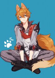 Rule 34 | 1boy, :3, animal ear fluff, animal ears, black footwear, black gloves, blue background, blue eyes, blush, boots, cape, closed mouth, collarbone, collared shirt, commentary request, crossed ankles, crossed bangs, earrings, fox boy, fox ears, fox tail, full body, genshin impact, gloves, grey jacket, grey pants, hair between eyes, highres, jacket, jewelry, long sleeves, looking at viewer, male focus, orange hair, pants, paw print, red cape, red shirt, shirt, short hair, simple background, single earring, sitting, sleeves rolled up, smile, solo, tail, tartaglia (genshin impact), zumi tiri