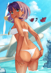 Rule 34 | 1girl, absurdres, aircraft, airplane, alternate eye color, aqua eyes, ass, bandeau, bare back, bare shoulders, blue gemstone, blue sky, blurry, bob cut, bokeh, boulder, breasts, unworn clothes, clothesline, cloud, commentary, cumulonimbus cloud, dark-skinned female, dark skin, day, depth of field, earrings, floating hair, from side, fushigi no umi no nadia, gem, hair ornament, hair strand, hairclip, hands on own ass, highres, hoop earrings, jewelry, laundry, light particles, litimo, looking at viewer, looking back, medium breasts, nadia la arwall, ocean, open mouth, outdoors, panties, partially submerged, pendant, propeller, purple hair, red vest, seaplane, short hair, shouting, skindentation, sky, solo, sparkle, standing, surprised, teeth, turning head, underwear, upper teeth only, v-shaped eyebrows, vest, unworn vest, wading, water, white bandeau, white panties