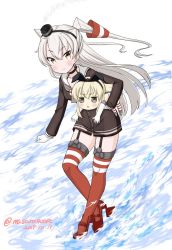 Rule 34 | 2girls, amatsukaze (kancolle), blonde hair, brown dress, commentary request, dated, dress, full body, garter straps, gloves, grey eyes, hair tubes, kantai collection, leaning forward, lifebuoy, long hair, looking at viewer, masara (chuujou), mini person, minigirl, multiple girls, one-hour drawing challenge, red legwear, sailor dress, shimakaze (kancolle), short dress, silver hair, smile, smokestack hair ornament, striped clothes, striped legwear, striped thighhighs, swim ring, thighhighs, twitter username, two side up, water, waves, white gloves