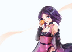 Rule 34 | 1girl, azki (2nd costume) (hololive), azki (hololive), bare shoulders, black coat, black collar, black hair, blue eyes, coat, collar, cowboy shot, food, fruit, highres, holding, holding food, holding fruit, hololive, jewelry, looking at viewer, navel, necklace, off shoulder, one eye closed, open mouth, orange (fruit), revealing clothes, see-through, see-through midriff, short hair, smile, solo, strapless, tube top, virtual youtuber, yohane