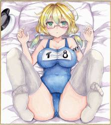 Rule 34 | 10s, 1girl, absurdres, blonde hair, breasts, chestnut mouth, framed, glasses, green eyes, hat, highres, i-8 (kancolle), kantai collection, looking at viewer, low twintails, lying, name tag, on bed, one-piece swimsuit, partially visible vulva, peaked cap, red-framed eyewear, school swimsuit, semi-rimless eyewear, solo, swimsuit, thighhighs, traditional media, twintails, under-rim eyewear, waon (haitatsuyaff), white thighhighs
