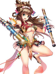 Rule 34 | 1girl, breasts, brown hair, clothing cutout, green eyes, highres, large breasts, loincloth, long hair, midriff, navel, original, revealing clothes, suoni (deeperocean), tonfa, underboob, underboob cutout, warrior, weapon, white background