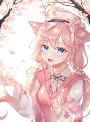 Rule 34 | 1girl, :3, :d, animal ears, bad id, bad pixiv id, blue eyes, blurry, bow, bowtie, cat ears, cherry blossoms, commentary request, depth of field, hair between eyes, hat, highres, lisa 78, long hair, long sleeves, looking at viewer, low twintails, open mouth, origami cyclone, petals, pink hair, school hat, shirt, sidelocks, simple background, smile, solo, tree, twintails, vest, wide sleeves