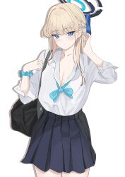 Rule 34 | 1girl, absurdres, aqua scrunchie, blonde hair, blue archive, blue eyes, blue skirt, blush, breasts, cleavage, closed mouth, collarbone, collared shirt, hair ornament, halo, highres, large breasts, long hair, long sleeves, looking at viewer, pleated skirt, scrunchie, shirt, shirt tucked in, simple background, skirt, tnr (horiko1525), toki (blue archive), white background, white shirt, wrist scrunchie