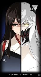 Rule 34 | 10s, 2girls, abyssal ship, akagi (kancolle), brown eyes, brown hair, covered mouth, english text, glowing, glowing eyes, horns, hyouju issei, japanese clothes, kantai collection, long hair, looking at viewer, midway princess, multiple girls, muneate, pale skin, serious, sidelocks, silver hair, split screen, split theme, text focus, upper body, yellow eyes