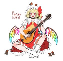 Rule 34 | 1girl, :d, absurdres, animal, animal on head, arm support, ascot, bird, bird on head, blonde hair, blush, bow, character name, check commentary, commentary request, crossed ankles, crossed legs, crystal, elbow rest, fangs, flandre scarlet, frilled shirt collar, frilled skirt, frilled sleeves, frills, full body, hand up, happy, hat, hat ribbon, highres, holding, holding instrument, instrument, kuya (hey36253625), looking at viewer, mandolin, mob cap, music, nail polish, no shoes, on head, open mouth, playing instrument, puffy short sleeves, puffy sleeves, rainbow order, red eyes, red nails, red ribbon, red skirt, red vest, ribbon, sharp teeth, shirt, short hair, short sleeves, side ponytail, simple background, sitting, skirt, smile, socks, solo, teeth, touhou, vest, white background, white hat, white shirt, white socks, wings, yellow ascot