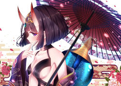 Rule 34 | 1girl, bare shoulders, bob cut, breasts, closed mouth, collarbone, egasumi, eyeliner, fate/grand order, fate (series), flower, gourd, headpiece, highres, horns, japanese clothes, kimono, lokyin house, long sleeves, looking at viewer, makeup, off shoulder, oil-paper umbrella, oni, open clothes, open kimono, petals, purple eyes, purple hair, purple kimono, revealing clothes, short hair, shuten douji (fate), skin-covered horns, small breasts, smile, umbrella, white background, wide sleeves
