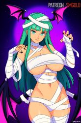 1girl absurdres artist_name bandages bare_shoulders breasts cowboy_shot darkstalkers demon_girl demon_wings green_eyes green_hair halloween head_wings highres large_breasts long_hair low_wings morrigan_aensland multiple_wings mummy_costume navel outstretched_arms smgold solo wings zombie_pose