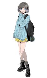 Rule 34 | 0507 tuyuri, 1girl, :3, backpack, bag, black bag, black footwear, blue eyes, blue sweater, blush, boots, commentary, full body, grey hair, grey socks, highres, jewelry, knee boots, long sleeves, looking at viewer, love live!, love live! superstar!!, miniskirt, pleated skirt, ring, shade, short hair, skirt, socks, solo, standing, sweater, tang keke, white background, yellow skirt