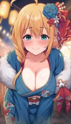 Rule 34 | 1girl, absurdres, ahoge, bent over, blue eyes, blue kimono, blurry, blurry background, blush, breasts, cleavage, collarbone, commentary request, hair ornament, highres, japanese clothes, kimono, large breasts, long sleeves, looking at viewer, myuu (arisumeria), orange hair, outdoors, pecorine (new year) (princess connect!), pecorine (princess connect!), princess connect!, smile, solo