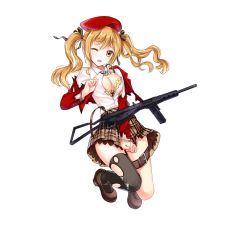 Rule 34 | 1girl, beret, blonde hair, bra, breasts, brown footwear, cleavage, full body, girls&#039; frontline, gun, hat, large breasts, looking at viewer, mary janes, official art, shoes, simple background, solo, sten (weapon), sten mkii (girls&#039; frontline), torn clothes, twintails, underwear, weapon, white background, wince, yellow eyes