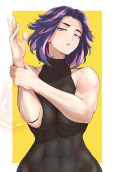 Rule 34 | 1girl, abs, anagumasan, bare shoulders, bodysuit, boku no hero academia, breasts, collarbone, curvy, highres, lady nagant, large breasts, looking at viewer, multicolored hair, muscular, muscular female, parted lips, pink hair, purple eyes, purple hair, short hair, skin tight, sleeveless, solo, toned, yellow background