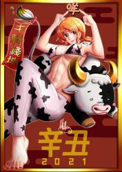 Rule 34 | 1girl, animal print, barefoot, bikini, bikini top only, chinese text, chinese zodiac, cow, cow print, cow print pants, horns, mifenami, nami (one piece), one piece, orange hair, swimsuit, year of the ox