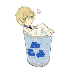 Rule 34 | 1boy, alice? (are you alice?), are you alice?, basket, blonde hair, blue eyes, closed mouth, formal, kazenagi hikari, male focus, pixiv id 168238, short hair, simple background, solo, white background
