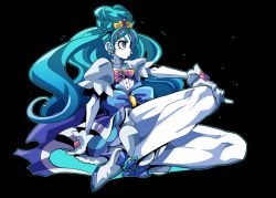 Rule 34 | 1girl, alternate color, black background, blue bow, blue eyes, blue hair, blue skirt, blue theme, bow, colored skin, cure flora, cure mermaid, earrings, expressionless, eyebrows, flower, flower earrings, flower necklace, full body, fusion, gloves, go! princess precure, haruno haruka, jewelry, long hair, looking away, magical girl, matching hair/eyes, multicolored hair, necklace, pink bow, precure, purple hair, senmu (0107), shoes, sitting, skirt, solo, thick eyebrows, two-tone hair, waist bow, white footwear, white gloves, white skin