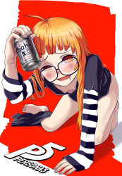 Rule 34 | 1girl, ahoge, all fours, asahi breweries, barefoot, beer can, blunt bangs, blush, can, copyright name, drink can, drooling, drunk, flat chest, full body, glasses, highres, holding, holding can, long hair, long sleeves, no pants, open mouth, orange hair, persona, persona 5, raised eyebrows, red eyes, sakura futaba, saliva, shirt, shorts, shorts around one leg, solo, striped clothes, striped shirt, thighs