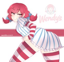 Rule 34 | 1girl, absurdres, ass, blue bow, blush, bow, breasts, dress, hair ribbon, half-closed eyes, highres, looking back, medium breasts, pinstripe pattern, puffy short sleeves, puffy sleeves, purple eyes, red hair, ribbon, secretnarcissist, short sleeves, smile, smug, solo, striped clothes, striped dress, striped thighhighs, thighhighs, thighs, twintails, wendy&#039;s, wendy (wendy&#039;s)