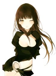 Rule 34 | 1girl, ;o, asymmetrical clothes, black panties, black skirt, blush, breasts, brown hair, cleavage, contrapposto, cowboy shot, crossed arms, fur collar, fur trim, large breasts, long hair, long sleeves, looking at viewer, lpip, navel, one eye closed, open mouth, original, panties, showgirl skirt, simple background, skirt, solo, standing, stomach, underwear, white background, yellow eyes