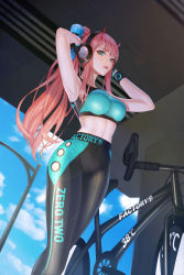 Rule 34 | 1girl, abs, absurdres, alternate costume, armpits, arms behind head, arms up, bad id, bad pixiv id, bicycle, breasts, character name, cloud, cloudy sky, colored sclera, commentary, darling in the franxx, dumbbell, fangs, fintowing, flat tire, green eyes, headphones, high-waist pants, highres, horns, huge filesize, large breasts, looking at viewer, medium breasts, midriff, open mouth, pants, pink hair, ponytail, red horns, red sclera, sky, solo, sports bra, sportswear, standing, straight hair, sweatband, wristband, zero two (darling in the franxx)