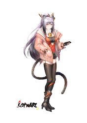 Rule 34 | 1girl, absurdres, airysher, animal ears, antlers, arknights, bandeau, black footwear, black shorts, black thighhighs, boots, cat ears, cat tail, fake antlers, full body, garter straps, hand in pocket, high heel boots, high heels, highres, holding, horns, jacket, long hair, long sleeves, looking at viewer, official alternate costume, open clothes, open jacket, pink jacket, red shirt, schwarz (arknights), schwarz (presents) (arknights), shirt, short shorts, shorts, silver hair, simple background, smile, solo, standing, strapless, tail, thighhighs, thighs, tube top, very long hair, white background, yellow eyes