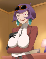 Rule 34 | 1girl, :q, argenta (pokemon), breasts, cleavage, creatures (company), earrings, frontier brain, game freak, gloves, jewelry, jouwan, large breasts, licking, naughty face, nintendo, pokemon, purple hair, red eyes, solo, sunglasses, tongue, tongue out