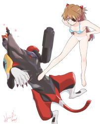 Rule 34 | 1girl, arm cannon, barefoot, bra, breasts, brown hair, claws, cleavage, eva 02, eyepatch, feet, hands on own hips, highres, hori shin, lying, neon genesis evangelion, on back, panties, rebuild of evangelion, simple background, smile, souryuu asuka langley, stepped on, stepping, striped bra, striped clothes, toes, underwear, weapon, white background, white panties