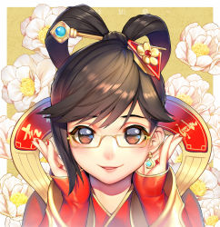 Rule 34 | 1girl, beads, black hair, blush, border, brown eyes, brown hair, camellia, chinese clothes, closed mouth, clothes writing, crescent, crescent earrings, earrings, eyelashes, floral background, flower, glasses, greetload, hair ornament, hair rings, hair stick, highres, jewelry, lipstick, long sleeves, looking at viewer, luna mei, makeup, mei (overwatch), nail polish, new year, official alternate costume, overwatch, overwatch 1, parted lips, red nails, ring, shawl, sleeves past wrists, smile, solo, upper body, white border, white flower, yellow-framed eyewear, yellow background