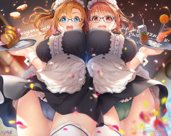 Rule 34 | 2girls, birthday, blue eyes, blue panties, bread, breasts, character name, commentary request, cup, dated, drinking glass, english text, food, glasses, green panties, happy birthday, hozumi kaoru, in-franchise crossover, juice, kosaka honoka, large breasts, looking at viewer, love live!, love live! school idol project, love live! sunshine!!, maid, medium hair, multiple girls, one side up, orange hair, orange juice, panties, red eyes, short hair, sidelocks, signature, takami chika, tray, underwear