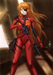 Rule 34 | 1girl, assault rifle, blue eyes, boxcutter, carbine, close quarters combat, crossover, evangelion: 2.0 you can (not) advance, evangelion: 3.0 you can (not) redo, eyepatch, gun, hair between eyes, highres, hk vp70, holding, holding gun, holding weapon, indoors, knife, legs apart, long hair, m4 carbine, metal gear (series), metal gear solid, metal gear solid 4: guns of the patriots, narrow waist, neon genesis evangelion, orange hair, parody, parted bangs, plugsuit, pouch, rebuild of evangelion, reverse grip, rifle, self-upload, solid snake, solo, souryuu asuka langley, standing, suppressor, thigh pouch, thigh strap, trigger discipline, two side up, very long hair, weapon