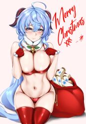 Rule 34 | 1girl, absurdres, ahoge, areola slip, bare shoulders, bell, bikini, blue hair, blush, breasts, christmas, closed mouth, cowbell, fur collar, ganyu (genshin impact), genshin impact, gloves, goat horns, groin, hands up, highres, horns, kneeling, large breasts, long hair, low ponytail, merry christmas, micro bikini, navel, neck bell, pom pom (clothes), purple eyes, raised eyebrows, red bikini, red thighhighs, sack, santa bikini, santa gloves, signature, simple background, solo, stomach, swimsuit, thighhighs, thighs, very long hair, wavy hair, xkit