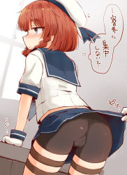 Rule 34 | 1girl, arm support, ass, bike shorts, blue eyes, blue sailor collar, blue skirt, blunt bangs, blush, braid, cameltoe, cleft of venus, clothes lift, commentary request, dutch angle, etorofu (kancolle), flying sweatdrops, from behind, gloves, hair ribbon, hakuun (m2230), hat, highres, kantai collection, leaning forward, lifting another&#039;s clothes, looking away, looking to the side, medium hair, miniskirt, nose blush, orange hair, pleated skirt, profile, ribbon, sailor collar, sailor hat, school uniform, serafuku, shirt, short sleeves, shorts, shorts under skirt, skirt, skirt lift, solo focus, table, thigh strap, thought bubble, translation request, trefoil, twin braids, white gloves, white hat, white shirt, window