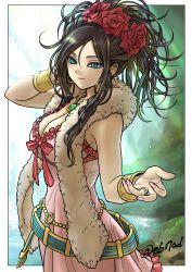 Rule 34 | 1girl, absurdres, aqua eyes, belly chain, belt, black hair, blue eyes, border, bracelet, breasts, cleavage, closed mouth, deborah (dq5), dragon quest, dragon quest v, dress, earrings, ebiten (ebi10d), feather boa, flower, frilled dress, frills, hair flower, hair ornament, highres, hoop earrings, jewelry, large breasts, long hair, mole, mole under eye, nail polish, necklace, outstretched hand, pendant, pink dress, pink nails, ponytail, red flower, red rose, ring, rose, smile, solo, twitter username, wedding band